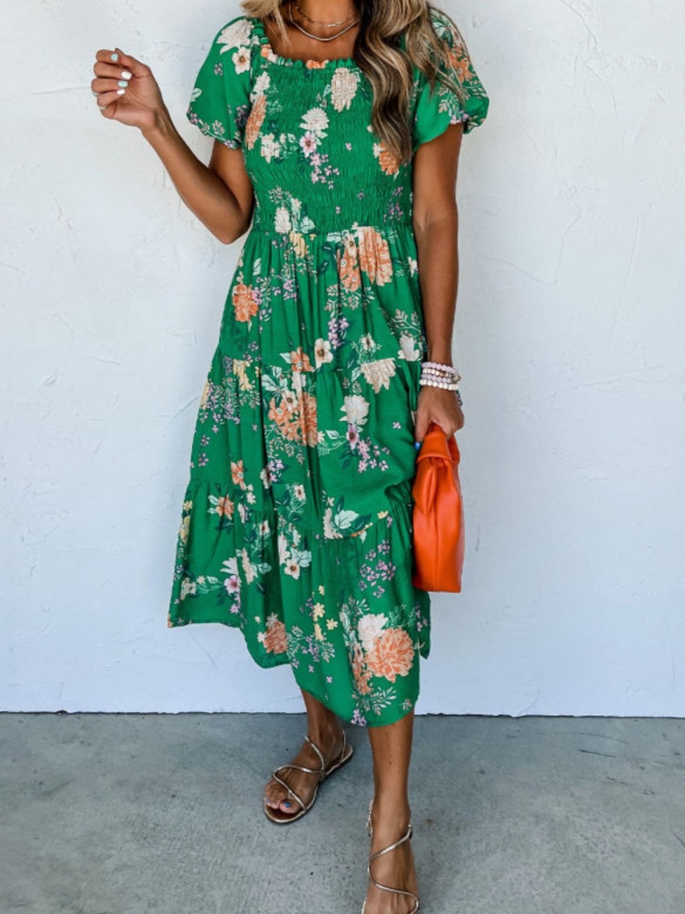 1253. Green Floral Print Smocked Bodice Puff Sleeve Midi Dress